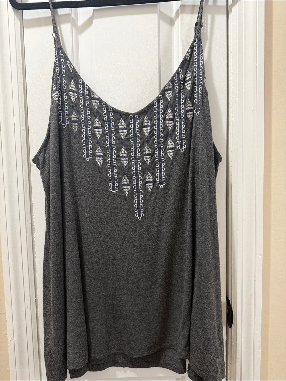 Torrid Swing Knit Cami in charcoal gray, geo style embroidery